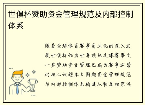 世俱杯赞助资金管理规范及内部控制体系