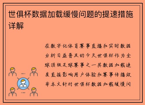世俱杯数据加载缓慢问题的提速措施详解